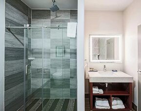 Guest bathroom with shower at The Leo Collection, An Ascend Collection Hotel.