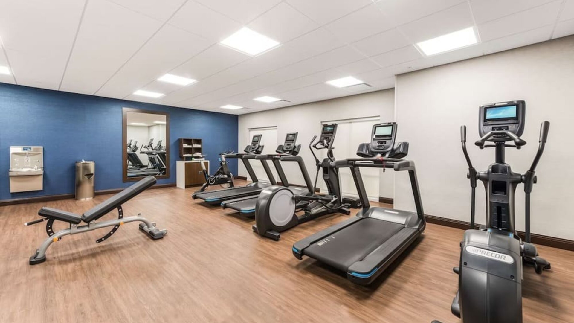 Fully equipped fitness center at Hampton Inn & Suites Benton Harbor.