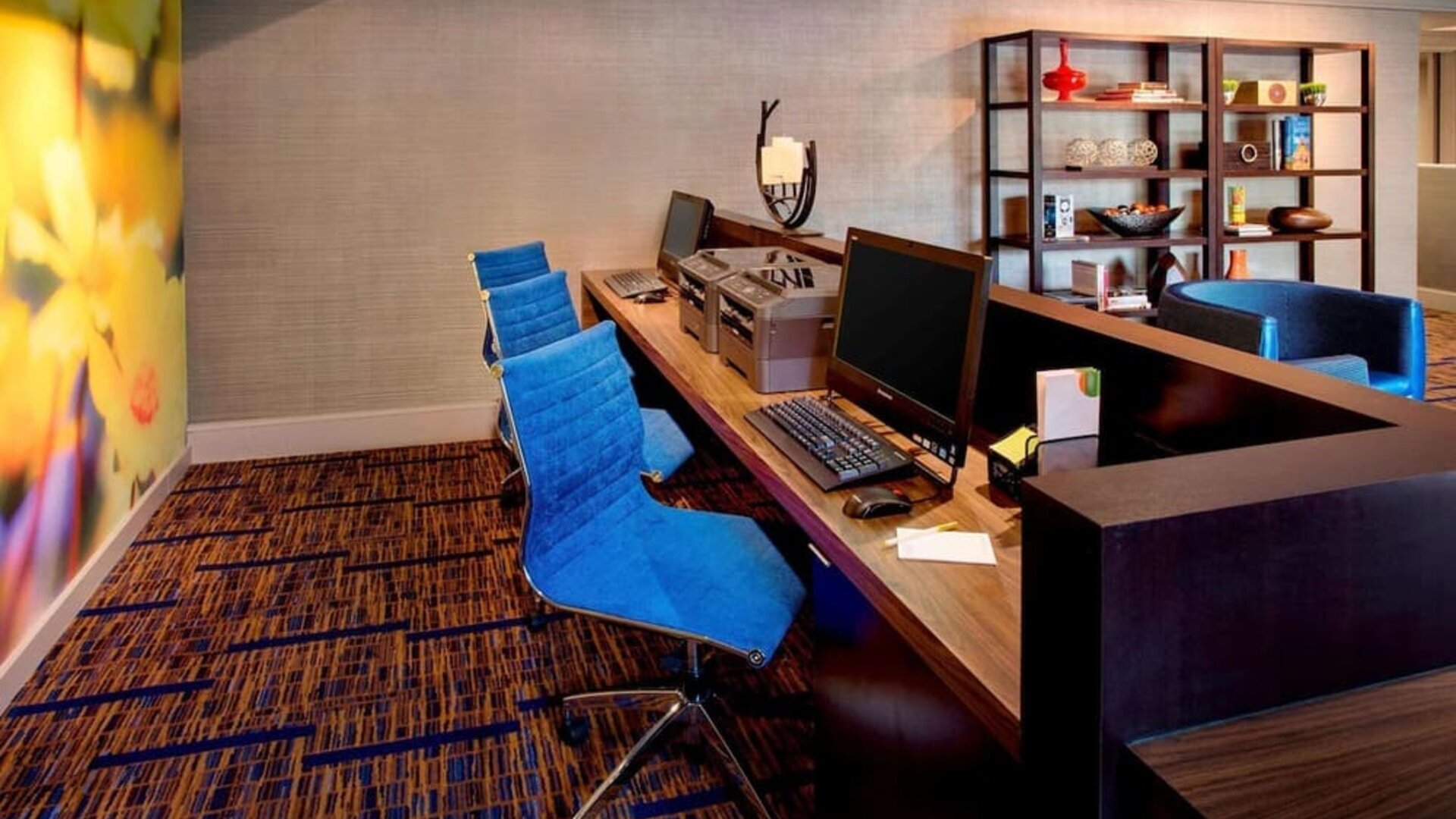 Business center with computers, printer and ergonomic chairs at Sonesta Select Boston Danvers.