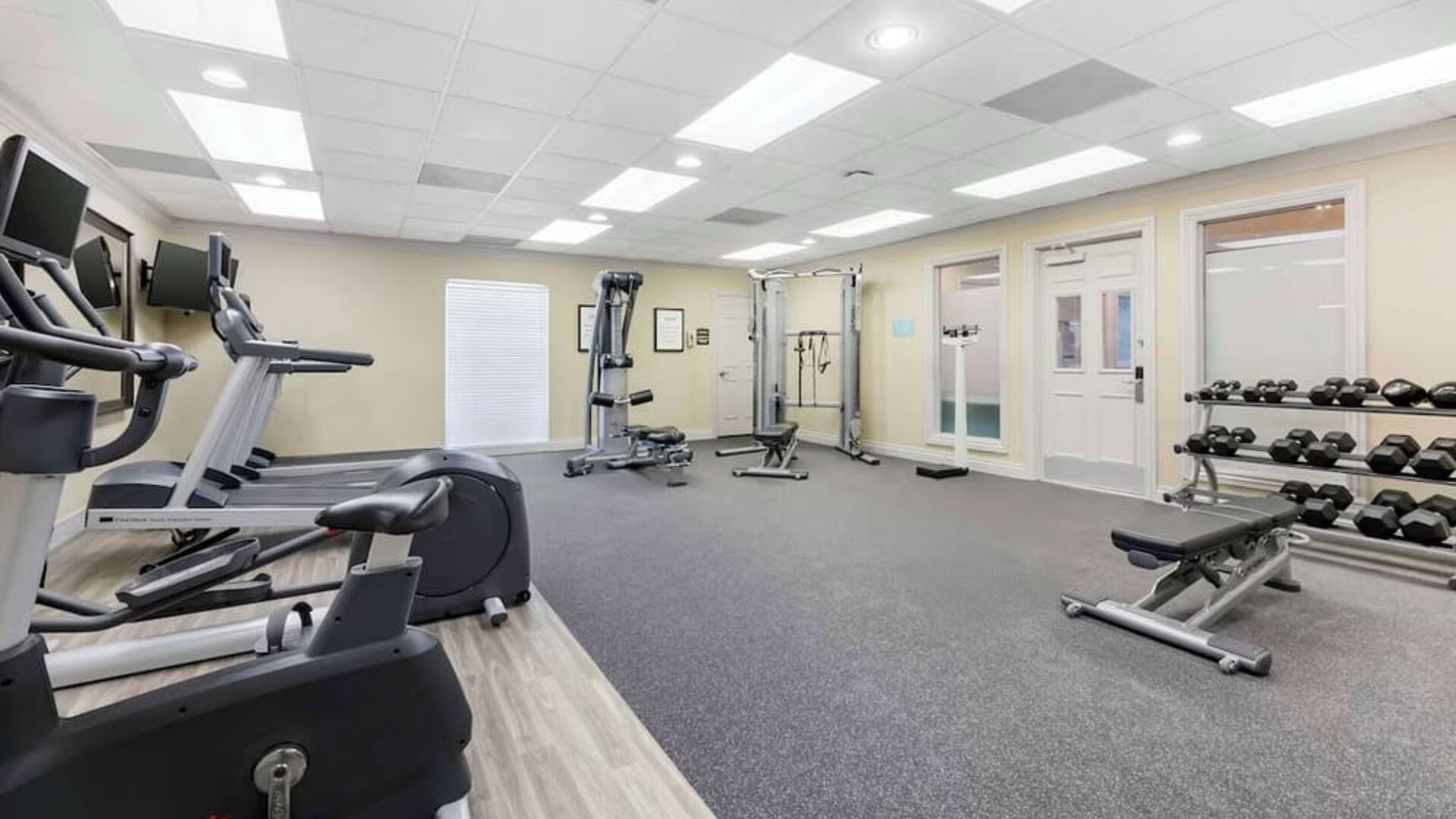 Fully equipped fitness center at Sonesta ES Suites Dulles Airport.