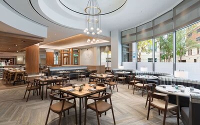 Dining area with natural light perfect for coworking at The Westin Arlington Gateway.