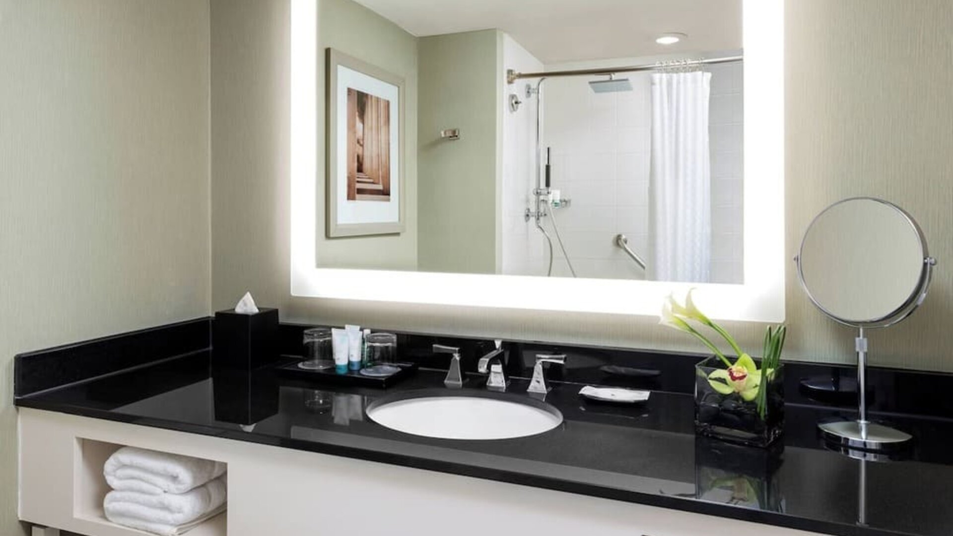 Guest bathroom with shower at The Westin Arlington Gateway.