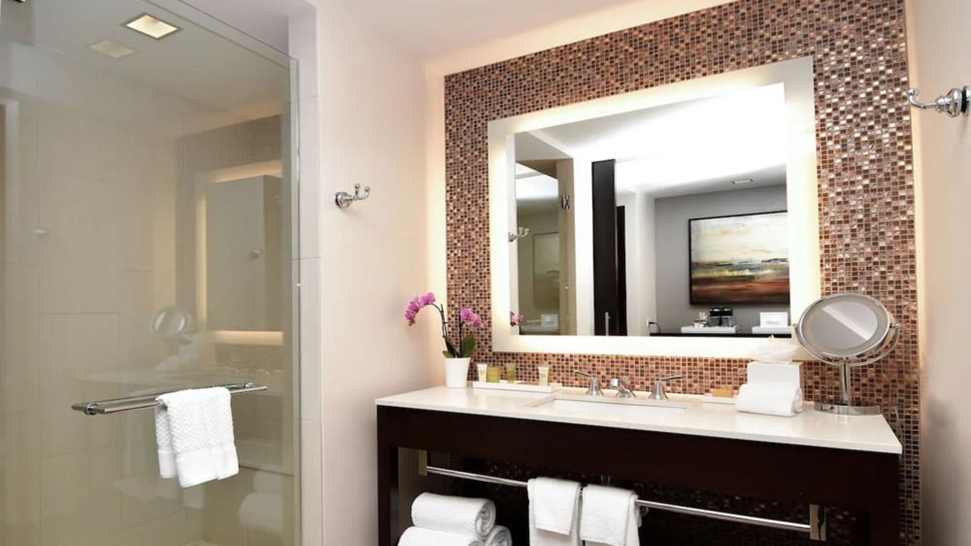 Guest bathroom with shower at Hilton Dallas/ Plano Granite Park.