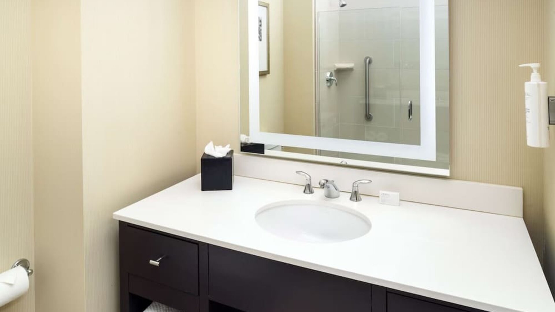 Guest bathroom with shower at Embassy Suites By Hilton St. Louis Downtown.