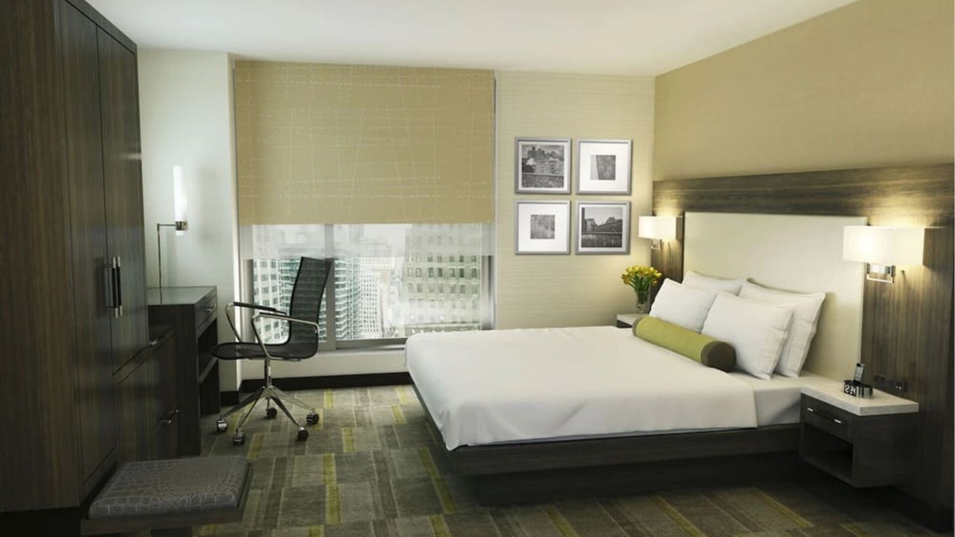 Bright and spacious day use room with work desk at Hilton Garden Inn New York/Times Square Central.
