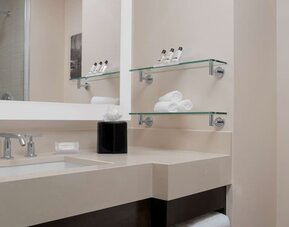 Private guest bathroom with shower and free toiletries at Hilton Garden Inn New York/Times Square Central.