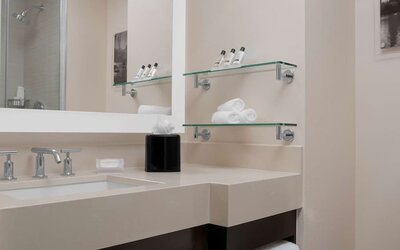 Private guest bathroom with shower and free toiletries at Hilton Garden Inn New York/Times Square Central.