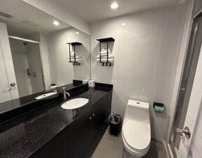Private guest bathroom with shower and free toiletries at Regal Inn & Suites New York.