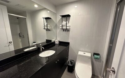 Private guest bathroom with shower and free toiletries at Regal Inn & Suites New York.