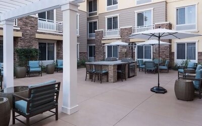 Outdoor lounge area at Homewood Suites By Hilton Agoura Hills.