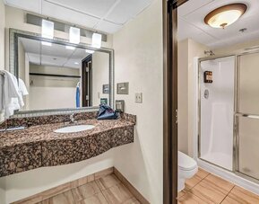 Private guest bathroom with shower and free toiletries at Radisson Hotel Schaumburg.