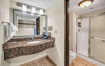 Private guest bathroom with shower and free toiletries at Radisson Hotel Schaumburg.