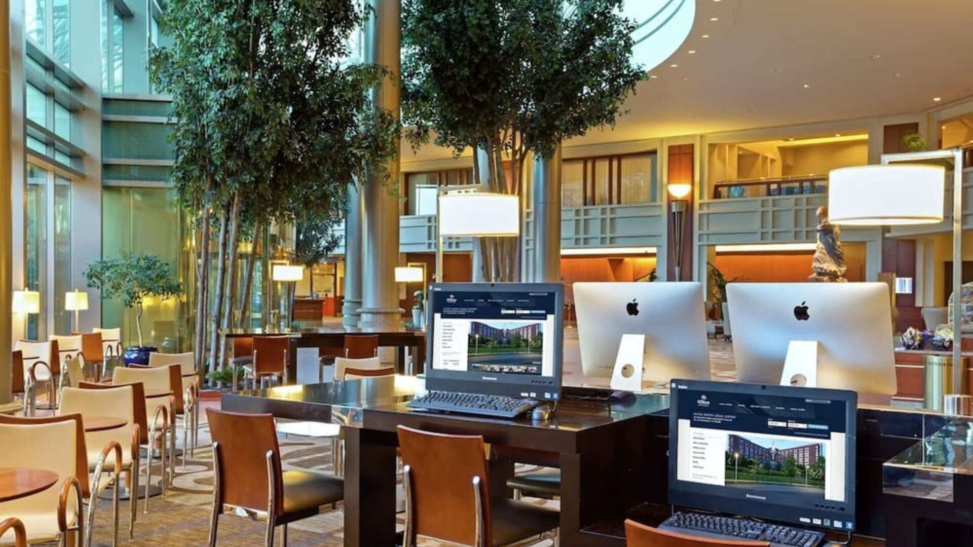 Lobby lounge and workspace at Hilton Boston Logan Airport