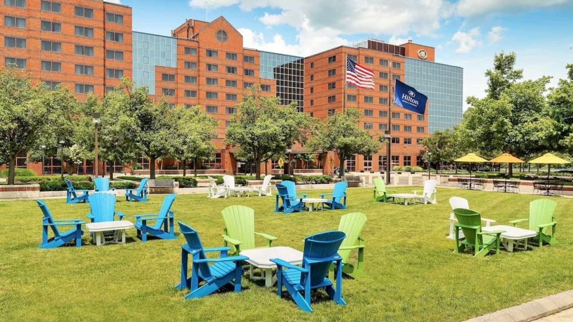Outdoor seating area at Hilton Short Hills.