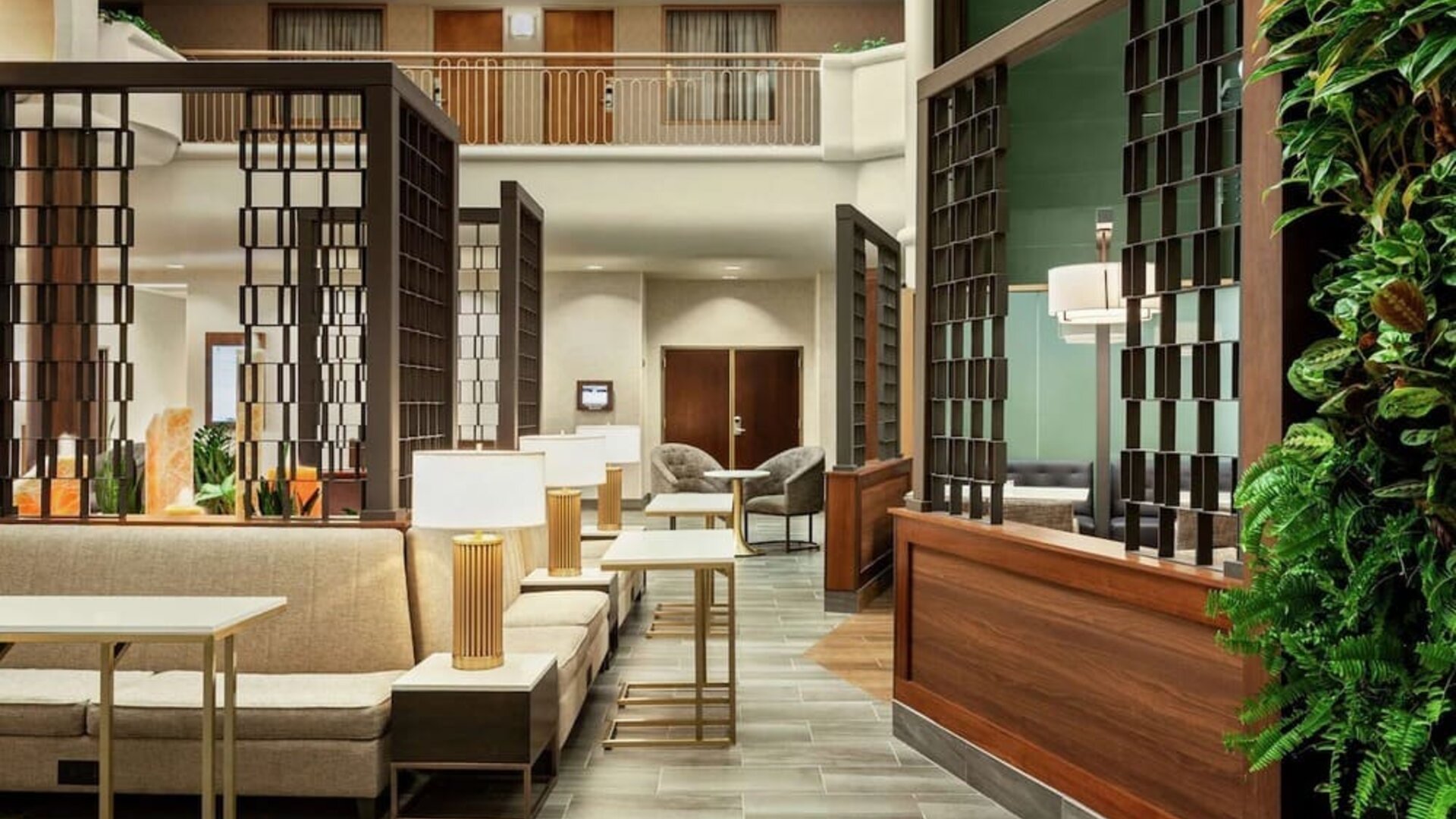 Lobby lounge area at Embassy Suites By Hilton Convention Center Las Vegas.