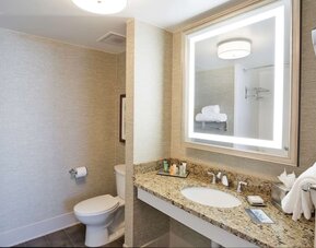 Private guest bathroom with shower and free toiletries at Hilton Baton Rouge Capitol Center.