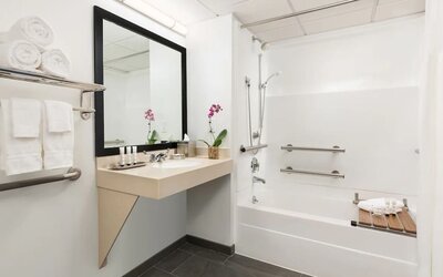 Guest bathroom with shower and tub at Hotel Studio Allston.