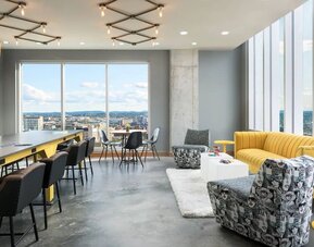 Dining area perfect for coworking at Moxy Boston Downtown.
