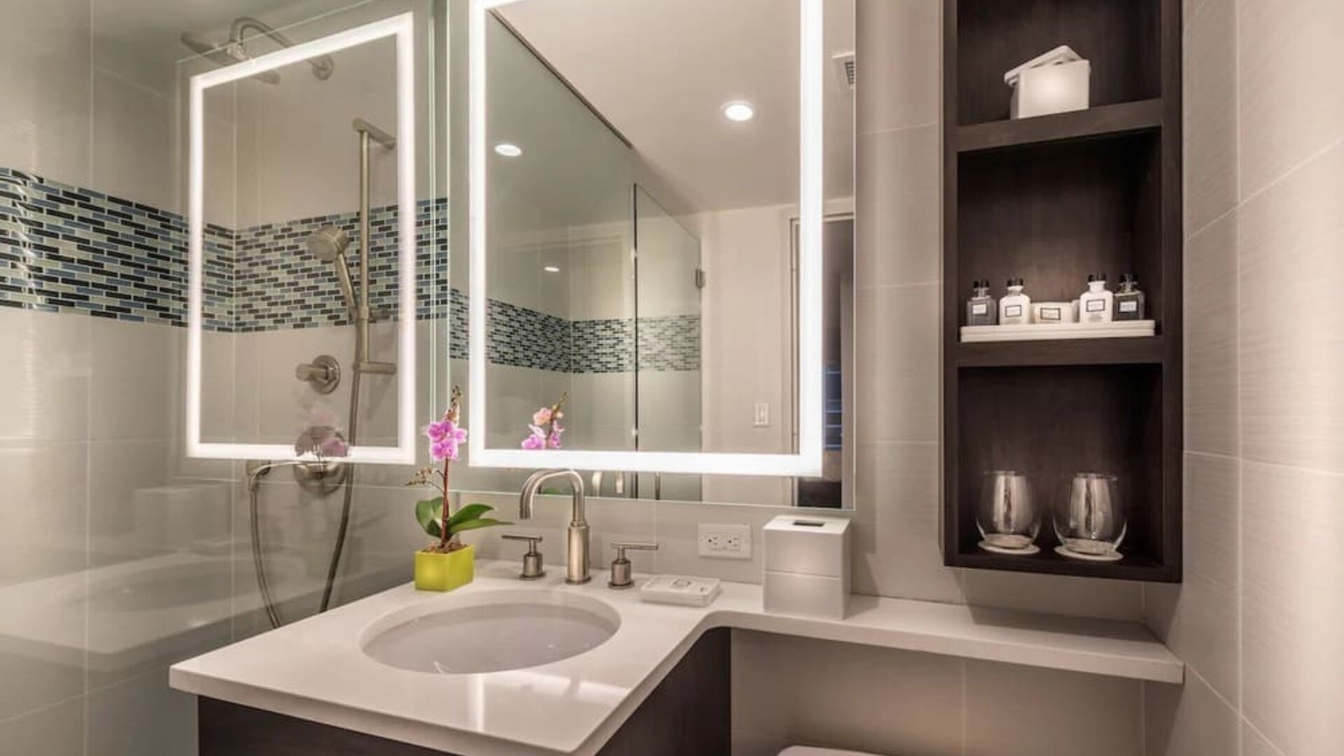 Guest bathroom with shower at The Bernic Hotel New York City, Tapestry Collection By Hilton.