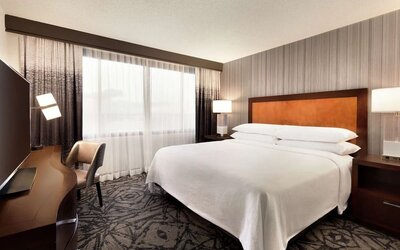 Delux king room with TV and work desk at Embassy Suites By Hilton Santa Clara Silicon Valley.