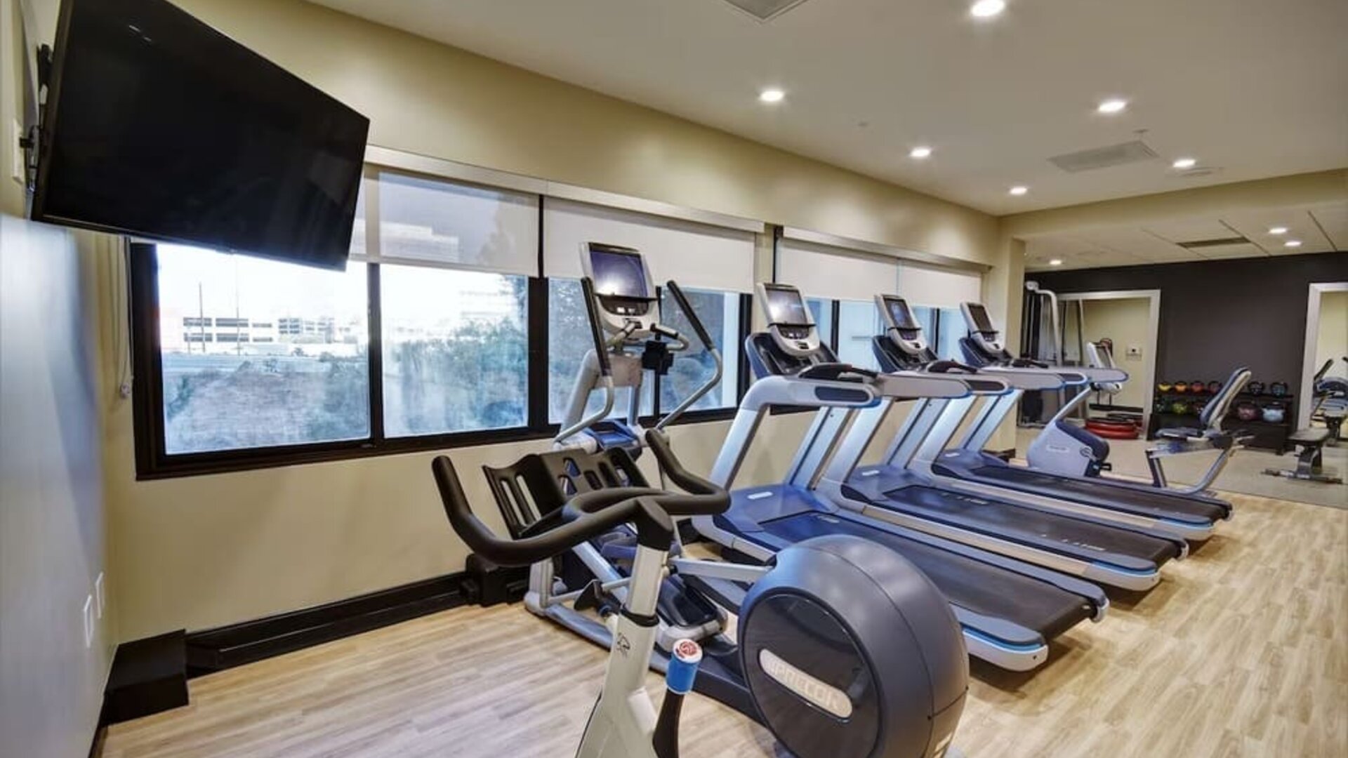 Well equipped fitness center at Embassy Suites By Hilton Santa Clara Silicon Valley.