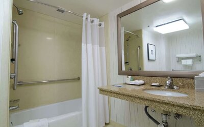 Guest bathroom with shower and tub at Hilton Los Angeles Airport.