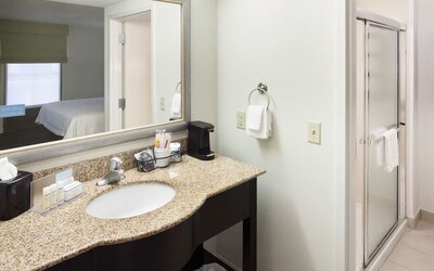 Private guest bathroom at Hampton Inn & Suites Gainesville-Downtown.