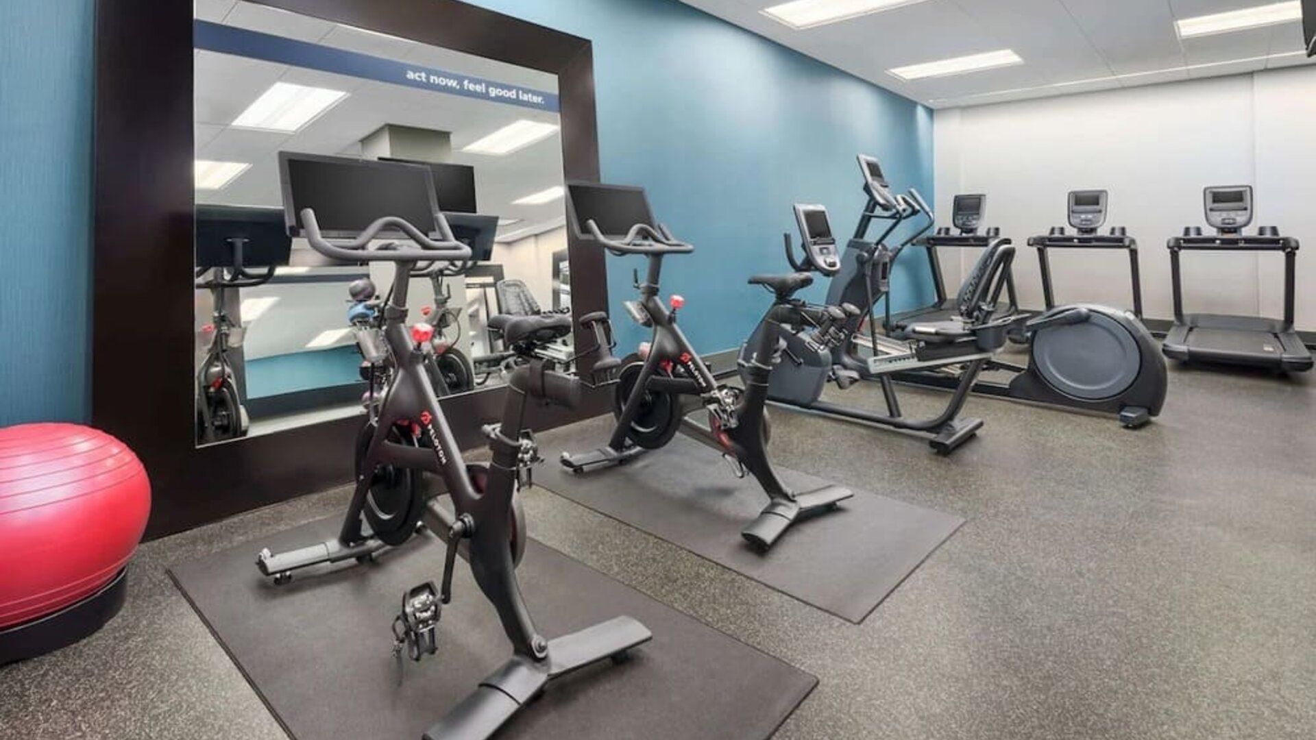 Fully equipped fitness center at Hampton Inn Manhattan/Times Square Central.