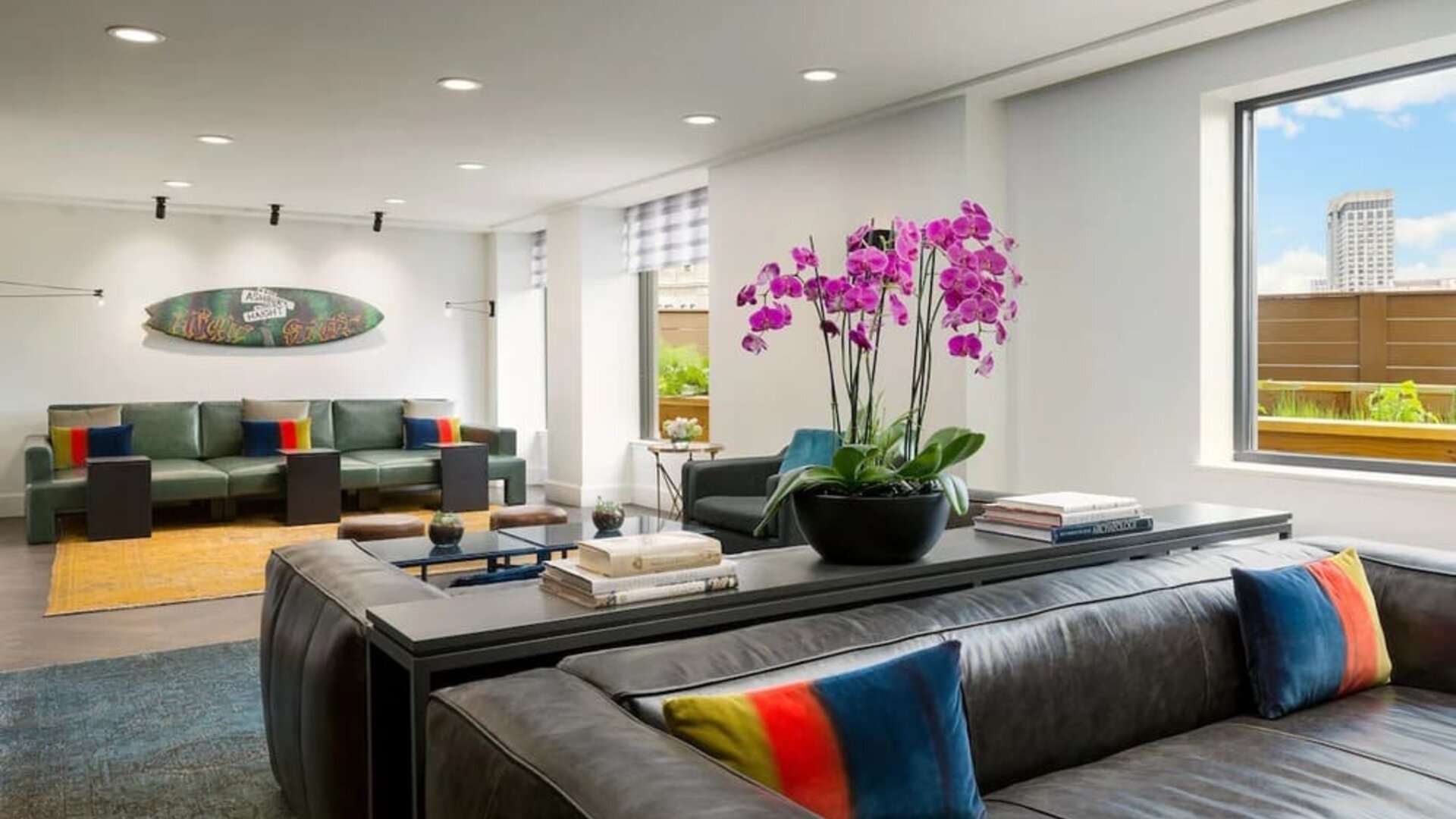 Lobby lounge seating and workspace at Stanford Court San Francisco.