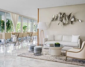 Lobby lounge and workspace at The Altair Hotel Bay Harbor.