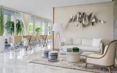 Lobby lounge and workspace at The Altair Hotel Bay Harbor.