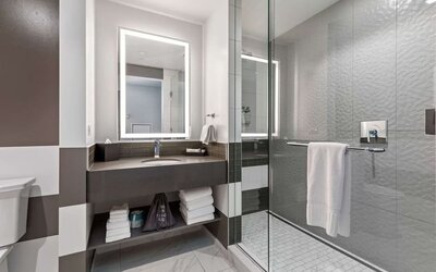 Private guest bathroom with shower and free toiletries at The Rose Hotel Chicago O’Hare, Tapestry Collection By Hilton.