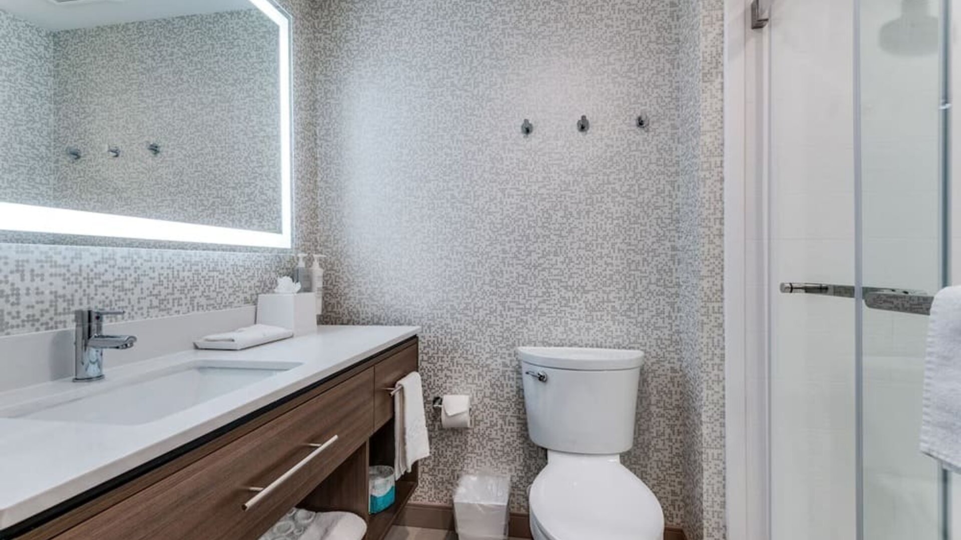 Private guest bathroom with shower and free toiletries at Home2 Suites By Hilton Dallas Medical District Lovefield.