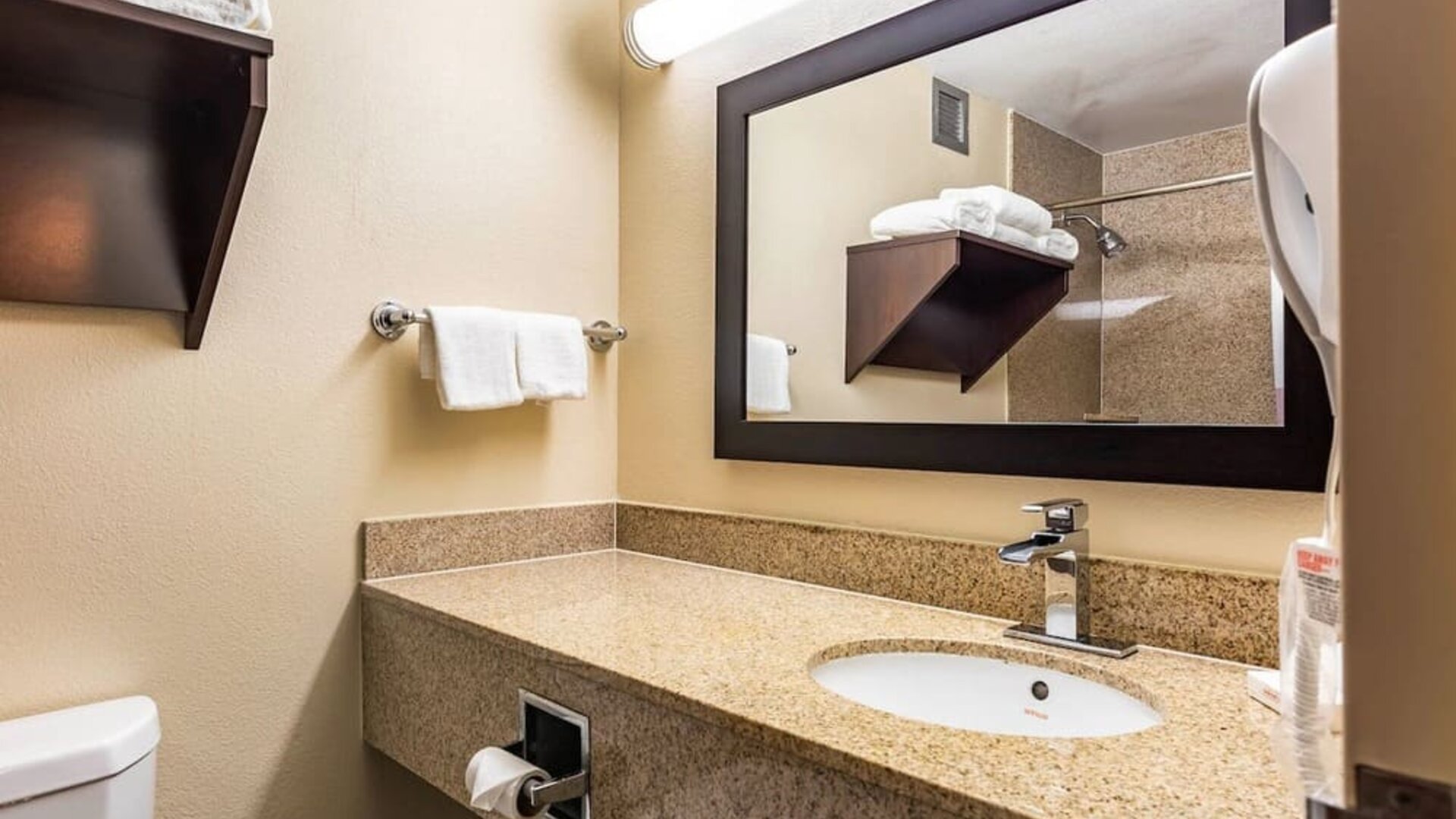 Private guest bathroom with shower and free toiletries at Red Roof PLUS+ & Suites Houston - IAH Airport SW.