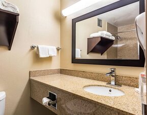 Private guest bathroom with shower and free toiletries at Red Roof PLUS+ & Suites Houston - IAH Airport SW.