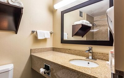 Private guest bathroom with shower and free toiletries at Red Roof PLUS+ & Suites Houston - IAH Airport SW.