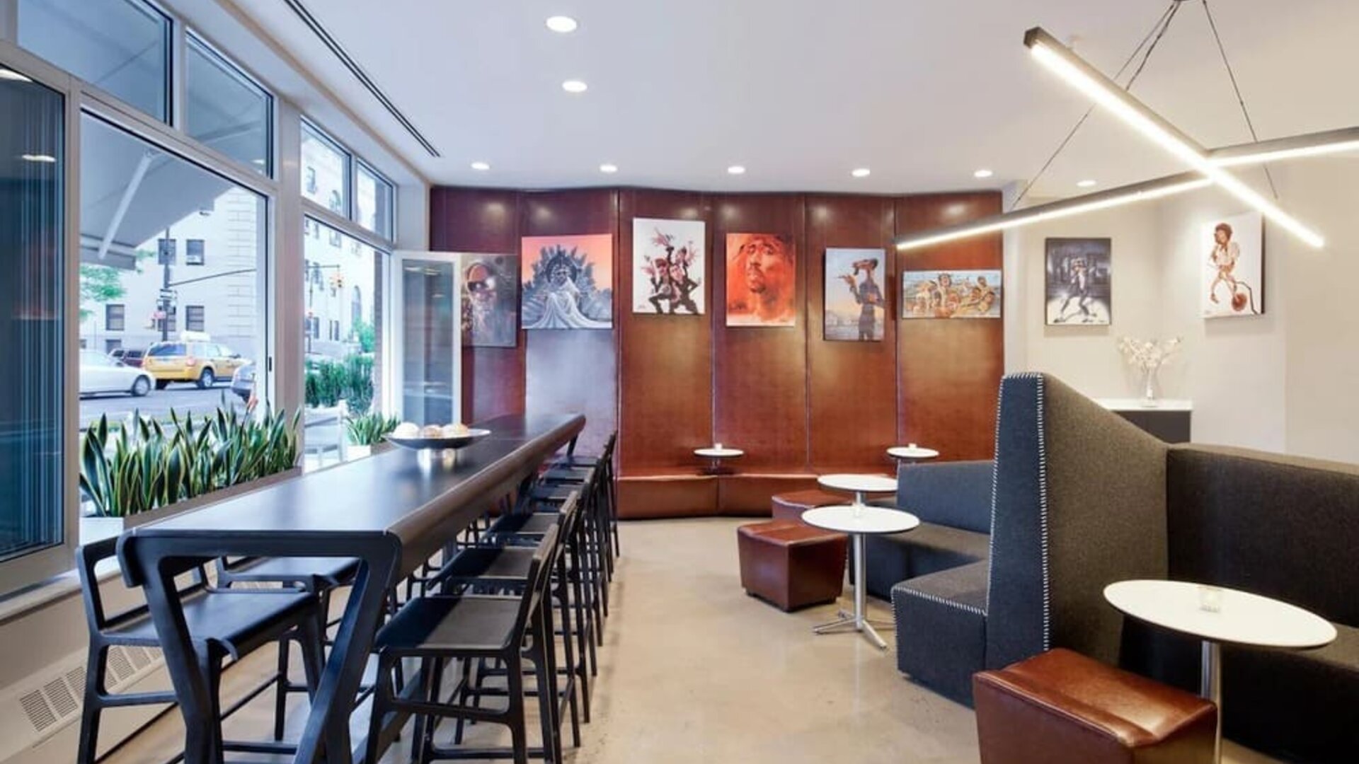 Lobby lounge area and workspace at Nu Hotel - Brooklyn.