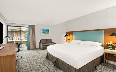 Day use room with work desk and natural light at The Anaheim Hotel.