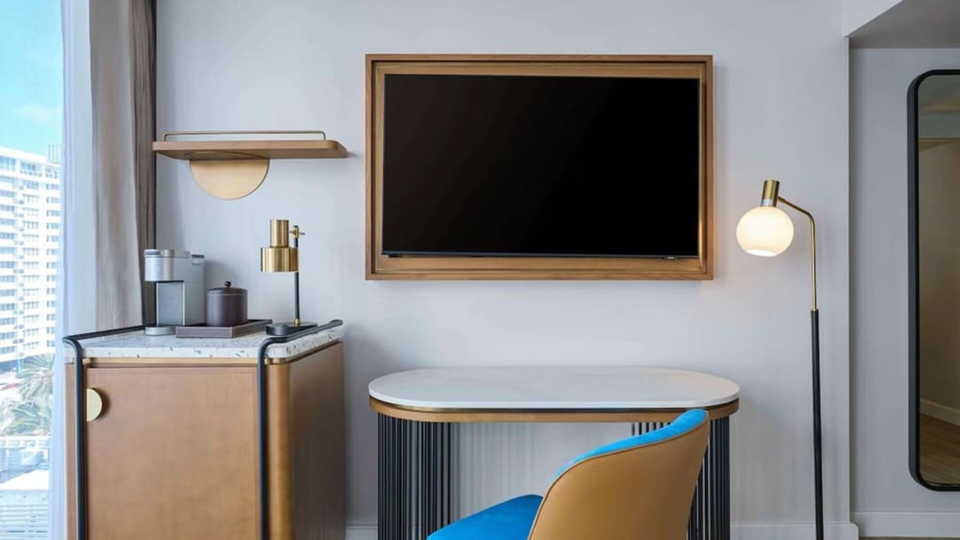 Day use room's workspace with coffee maker and mini-bar at Hyatt Centric Miami South Beach.