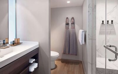 Guest bathroom with shower and free toiletries at Hyatt Centric Miami South Beach.