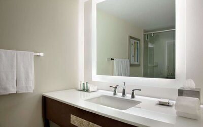 Private guest bathroom with shower and free toiletries at Hilton Miami Airport Blue Lagoon.