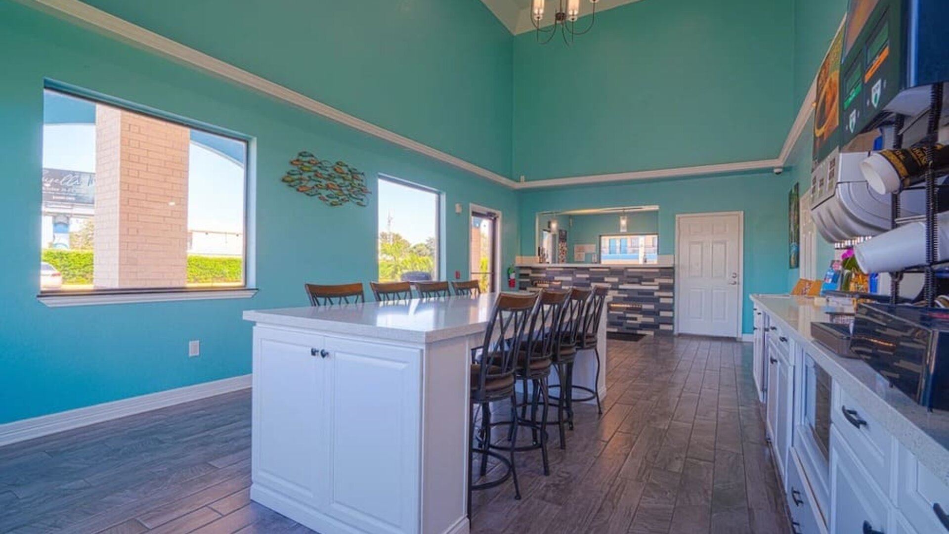 Dining and kitchen at Hotel Bliss Kemah Boardwalk.