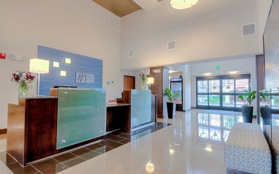 Reception desk at Holiday Inn Express Hotel & Suites Carlsbad Beach.