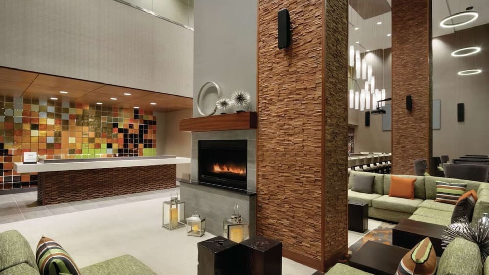 Lobby and coworking space at Hilton Garden Inn Calgary Downtown.