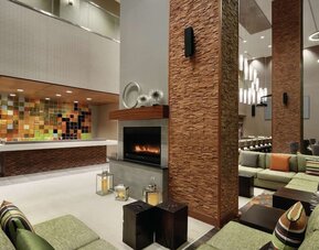 Lobby and coworking space at Hilton Garden Inn Calgary Downtown.