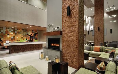 Lobby and coworking space at Hilton Garden Inn Calgary Downtown.