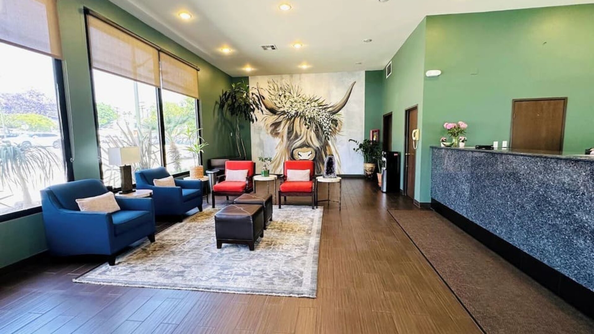 Lobby seating at The Hills Inn Eagle Rock.