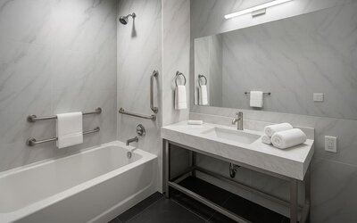 Guest bathroom at LIV Hotel Bronx.