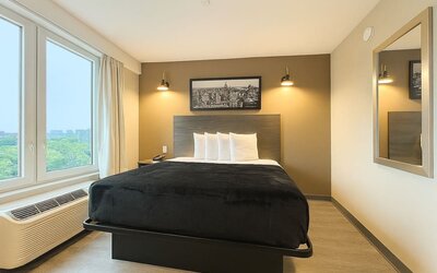 Queen room at LIV Hotel Bronx.