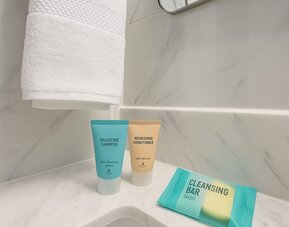 Guest bathroom at LIV Hotel Bronx.